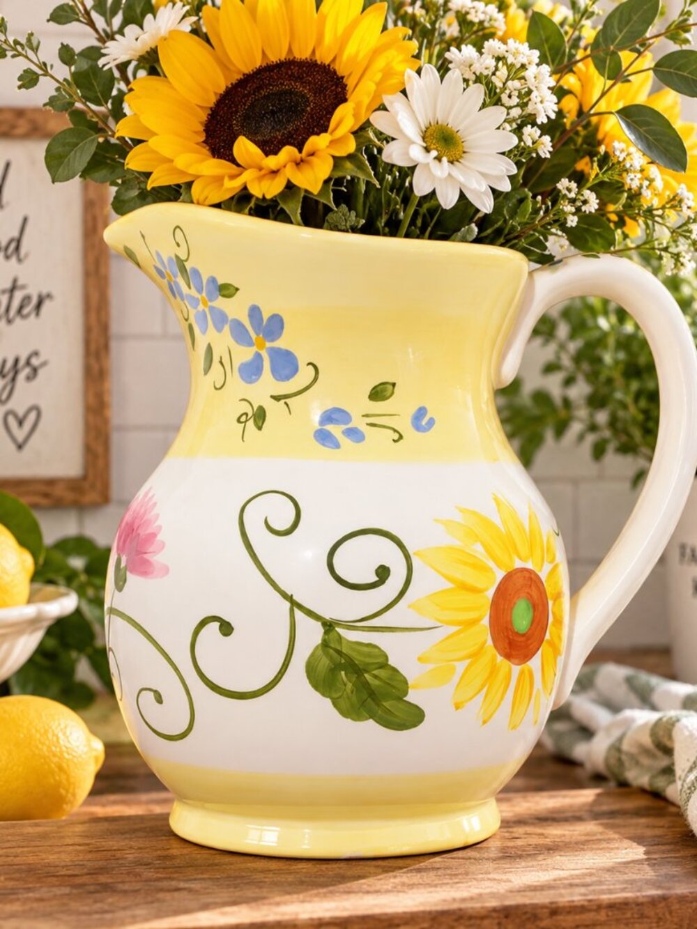 🌻 Hand-Painted Sunflower & Floral Ceramic Farmhouse Cottage Pitcher